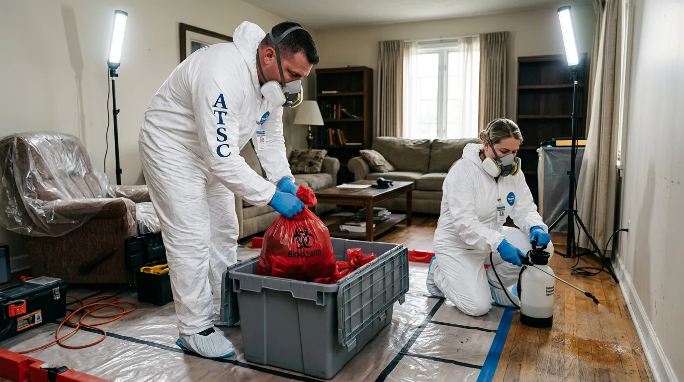 Professional Unattended Death Cleanup technician in full PPE working in Hazelwood